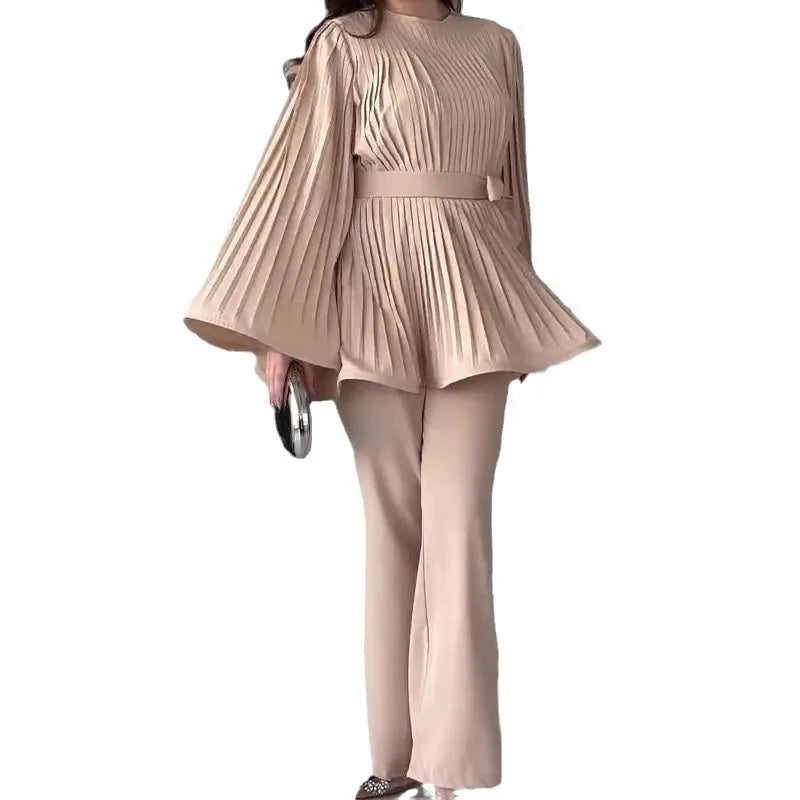 Eid Muslim Suits Women Lace Up Blouse Wide Leg Pants Sets Casual Dubai Two Piece Solid Outfits Islamic Ramadan Morocco Arabic