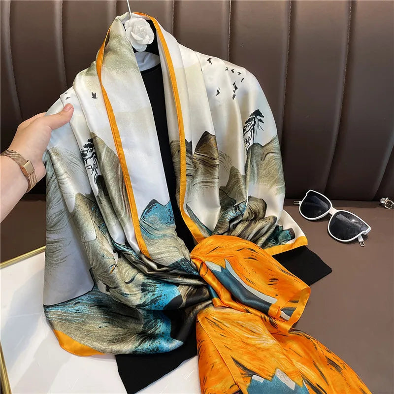 180*90cm Large Silk Satin Scarf Hijab Women Print Spring New Shawl Wrap Female Hand Foulard Pashmina Travel Echarpe 2022 NEW