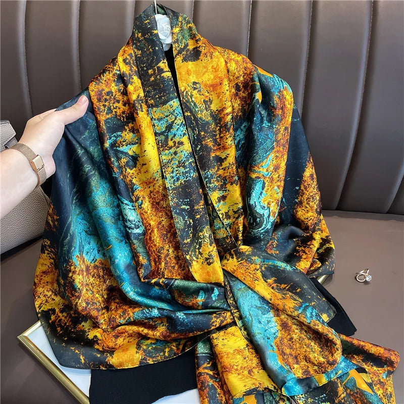 180*90cm Large Silk Satin Scarf Hijab Women Print Spring New Shawl Wrap Female Hand Foulard Pashmina Travel Echarpe 2022 NEW