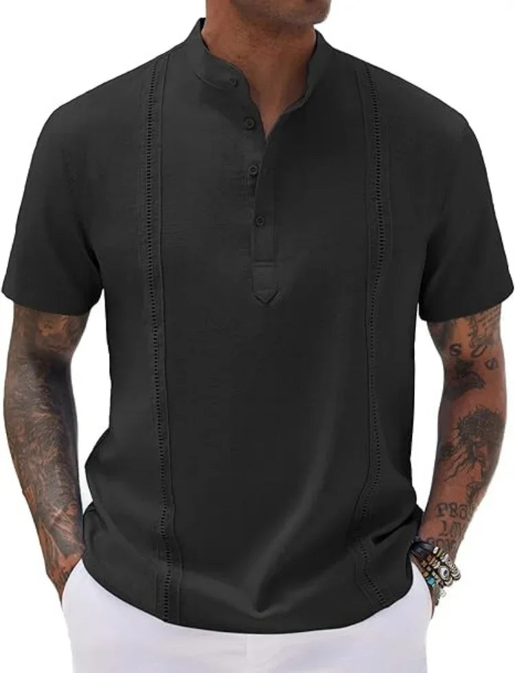 new men's short sleeve Henri collar solid color Cuban Guayabera cotton shirt fashion trend beach men's top