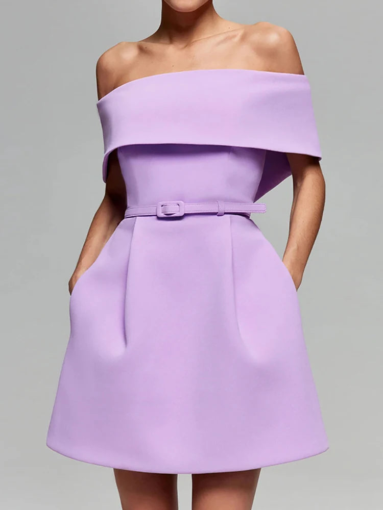 Slash Neck Off The Shoulder Solid Mini Dress, Women Spring Summer Patchwork Simple Party Dress, Short Sleeve Ladies Dress