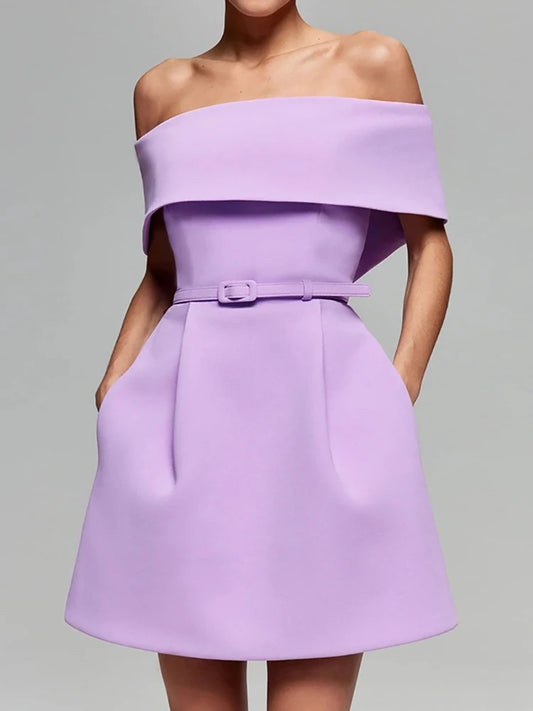 Slash Neck Off The Shoulder Solid Mini Dress, Women Spring Summer Patchwork Simple Party Dress, Short Sleeve Ladies Dress