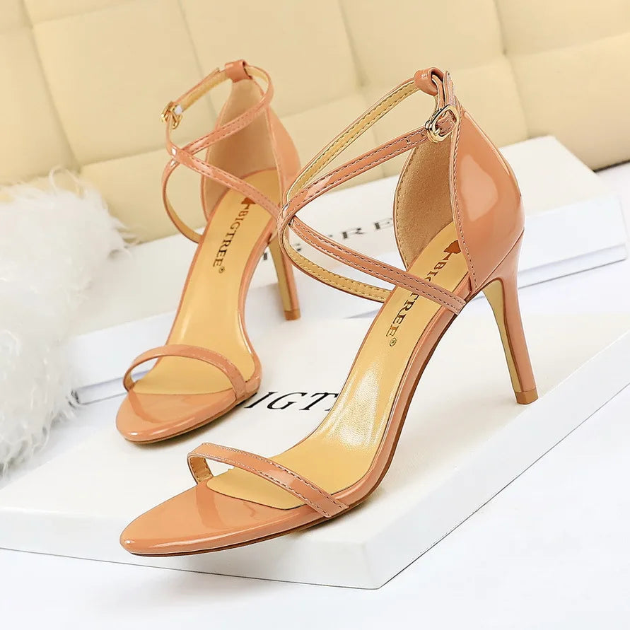 BIGTREE Shoes Pumps Open Toe High Heels Patent Leather Women Heels Stiletto 11 Cm 7.5cm Summer Heels Sandals Women Party Shoes