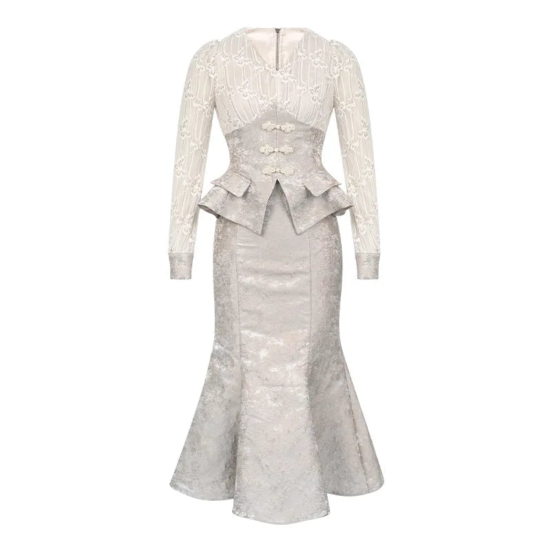 Elegant Fashion Skirt Sets 2025 Autumn New V-neck Ruffle Edge Bubble Sleeve Lace Top High Waist Skirt Two-piece Sets Women