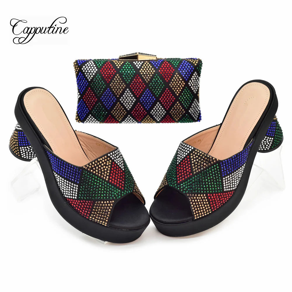 Magenta Women Shoes And Bag Set African High Heels Slippers Match With Purse Handbag Pumps Pantoufle Femme Pantofole 938-78
