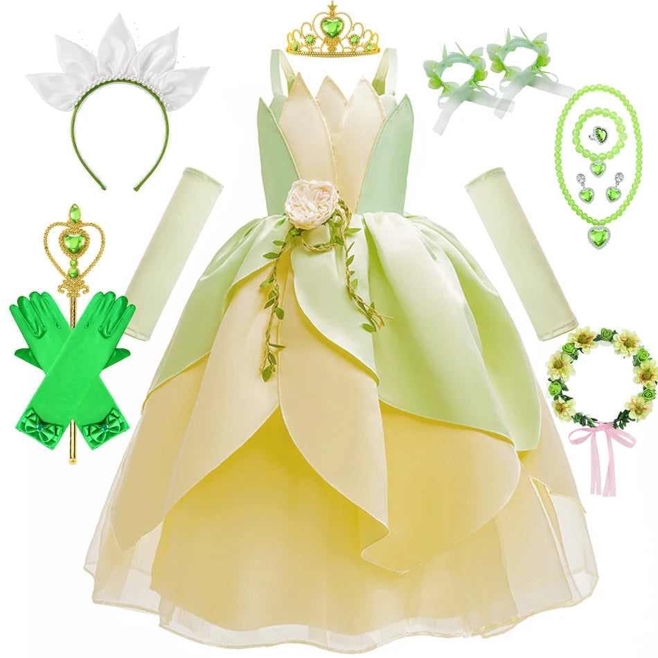 Fancy Girl Princess Tiana Costume Dress The Frog Cosplay Floral LED Light Up Clothing Halloween Girl Kids Christmas Party 2-11T
