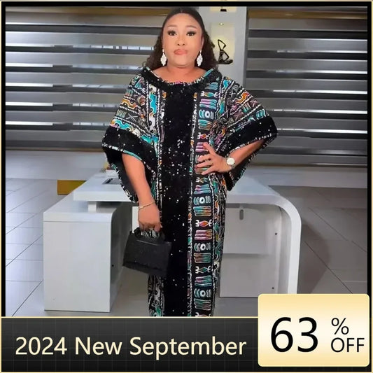 Sequin African Dresses for Women Plus Size Africa Clothes Dashiki Ankara Outfit Gown Kaftan Muslim Wedding Party Long Maxi Dress