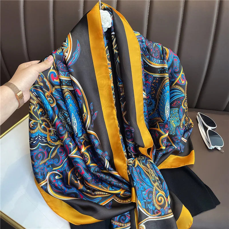 180*90cm Large Silk Satin Scarf Hijab Women Print Spring New Shawl Wrap Female Hand Foulard Pashmina Travel Echarpe 2022 NEW