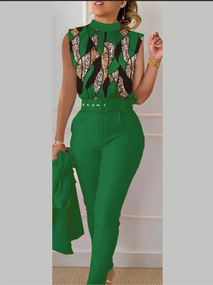 Office For Women Elegant Sleeveless Print Shirt And Pant Set Fashion Casual O-neck Slim Pants Two Piece Set Summer Outfits