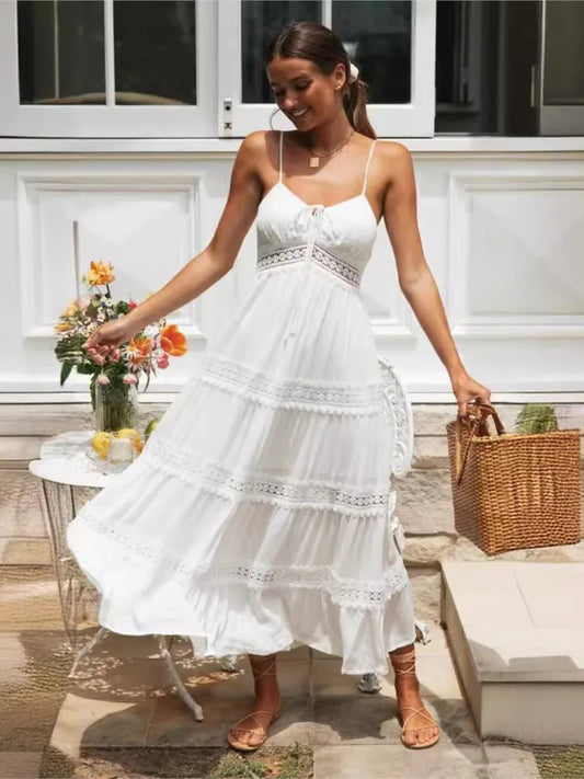 Summer New Women Boho Dress Fashion Spaghetti Strap White Beach Party Dress Robe Femme 2025 Elgeant Casual Female Vestidos