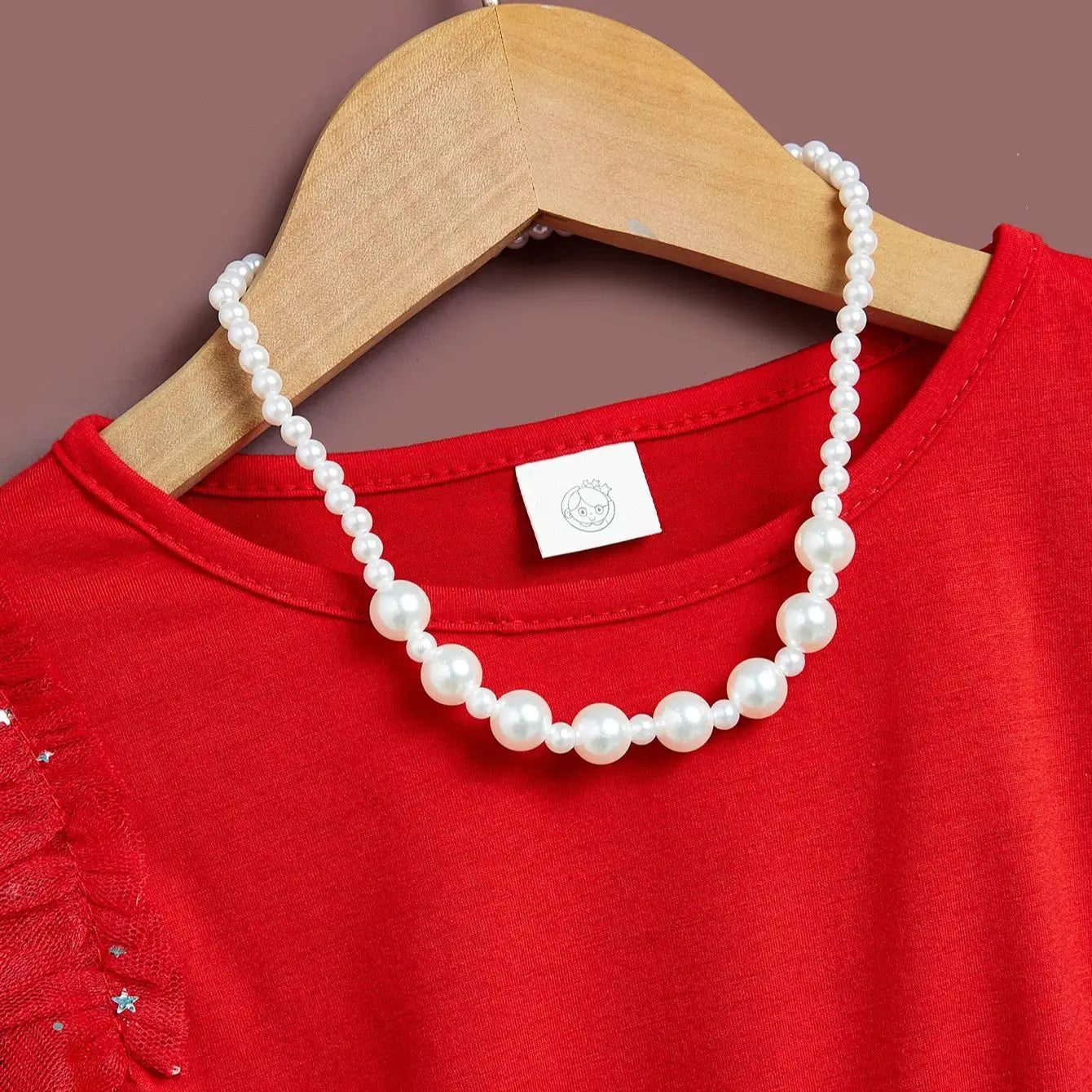 Girls Christmas New Year Red Dress Pearl necklace Accessories Children's Fashion Princess Dress Summer Sleeveless Gauze Dress