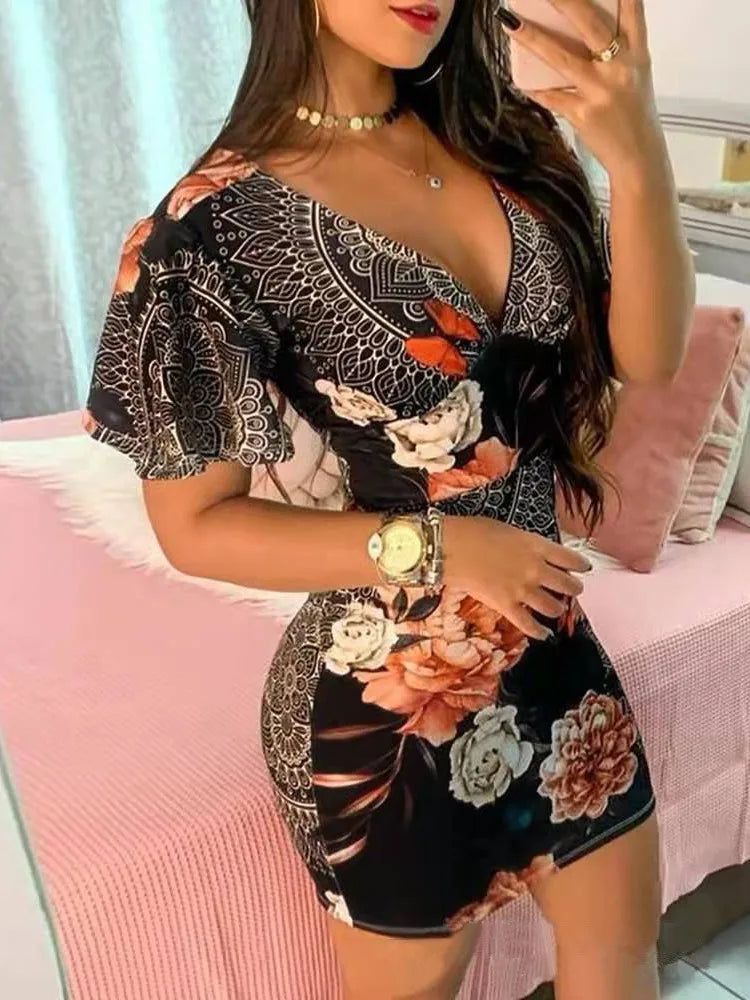 Summer Elegant Floral Print Bodycon Mini Dress Women Fashion Sexy Deep V-neck Package Hip Dresess Office Lady Party Dress