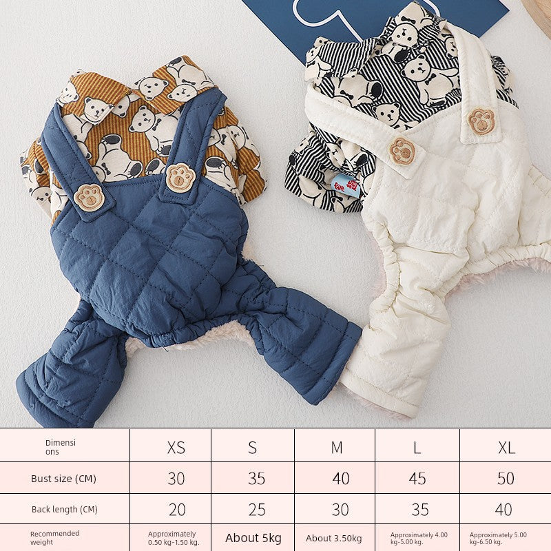 Dog Winter Cartoon Print Suspenders Minlature Pinscher Small Shiba Inu Teddy Puppy Puppy Winter Clothing Warm Four-Legged Pet Clothing