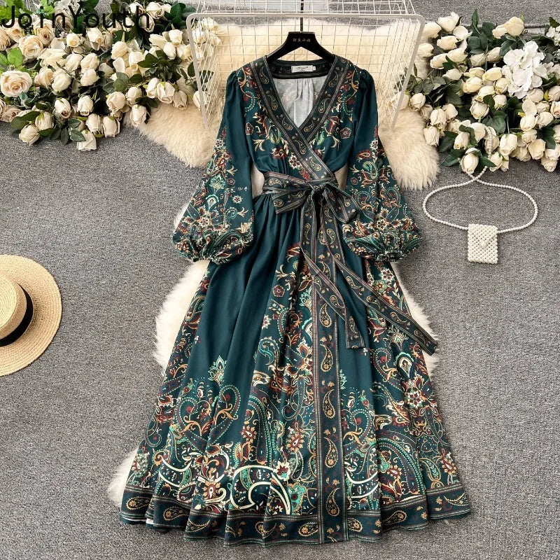 Vintage Women Party Dress Lantern Sleeve Bandage Slim Waist Print Long Robe Femme Vestidos De Mujer Big Swing Maxi Dresses