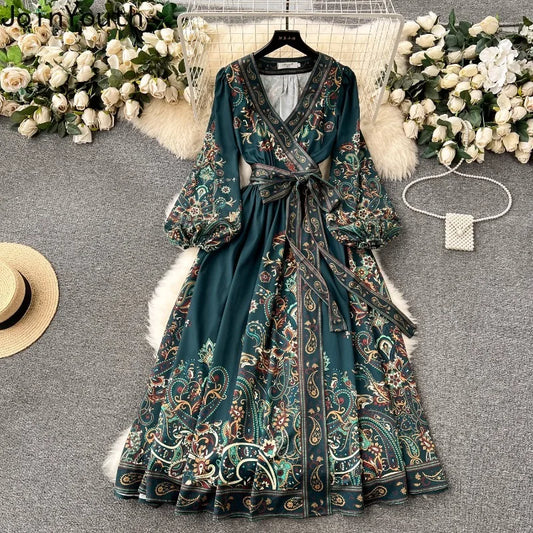 Vintage Women Party Dress Lantern Sleeve Bandage Slim Waist Print Long Robe Femme Vestidos De Mujer Big Swing Maxi Dresses