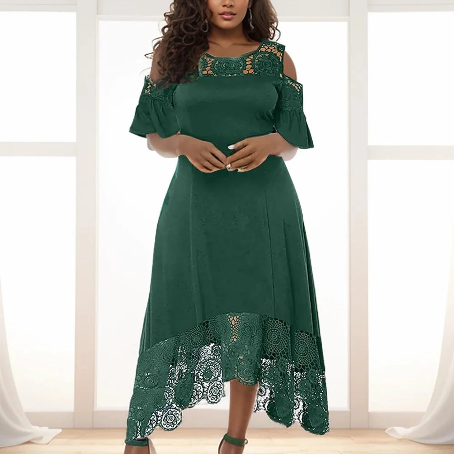 Party Dress for Women Elegant Classy Plus Size Summer Round-Neck Off Shoulder Dress Lace Short Sleeve Wedding Guest Dresses