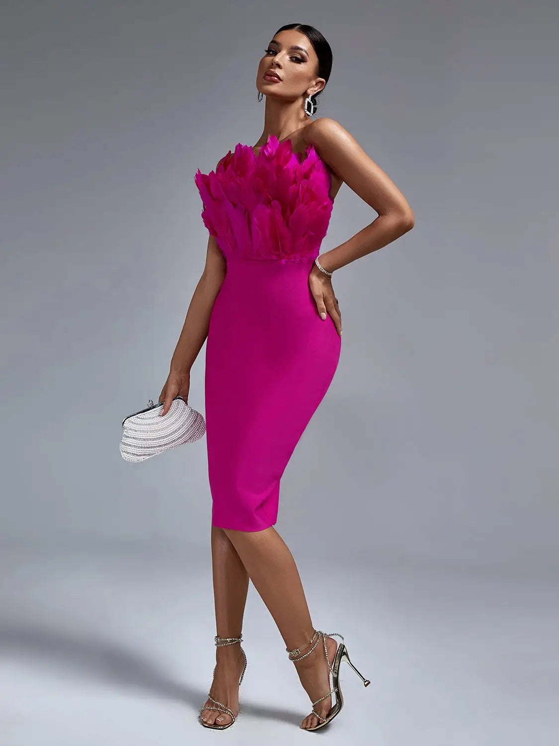 Pink Bandage Dress Women Feather Party Dress Bodycon Elegant Midi Sexy Strapless Evening Birthday Club Outfits Summer