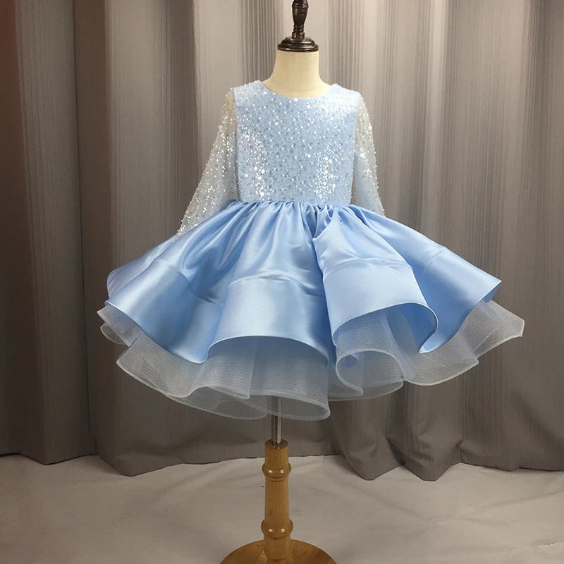 Summer Long Sleeve White Party Dress For Girl Children Lace Princess Dresses Girls Clothes Bridesmaid Wedding Birthday Gown