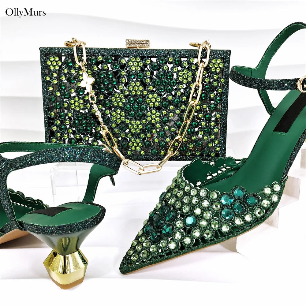 African Elegant Rhinestone Women Pumps Shoes And Bag Set Summer Fashion Sandal High Heels Shoes And Purse Set For Party Dress