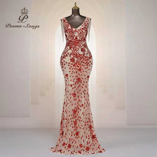 Sexy beaded sleeves Mermaid Evening Dresses For Women Prom Dresses Maxi dress Party dress Beautiful evening gowns