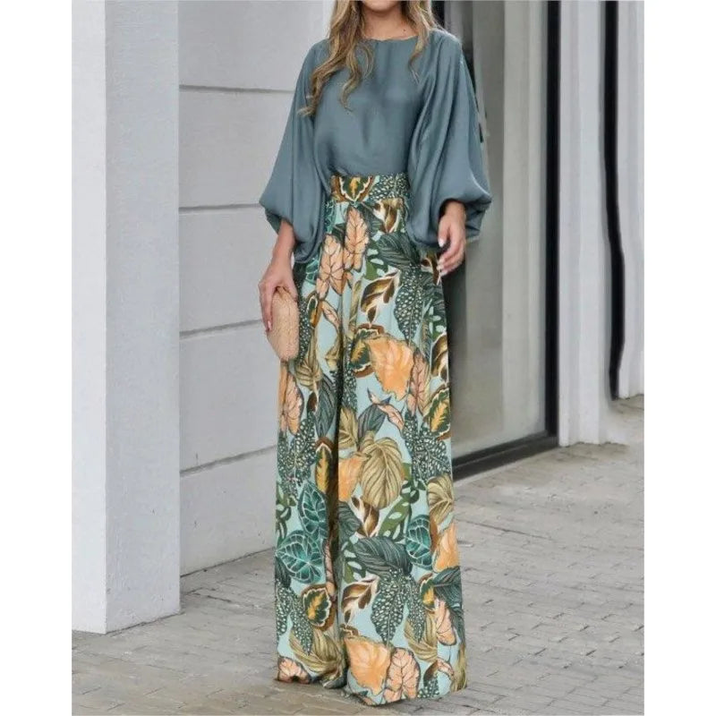 Summer New Women's Clothing Set Lantern Sleeves Loose Top Printed Wide Leg Pants Two Piece Set Casual Ladies Trouser Outfit