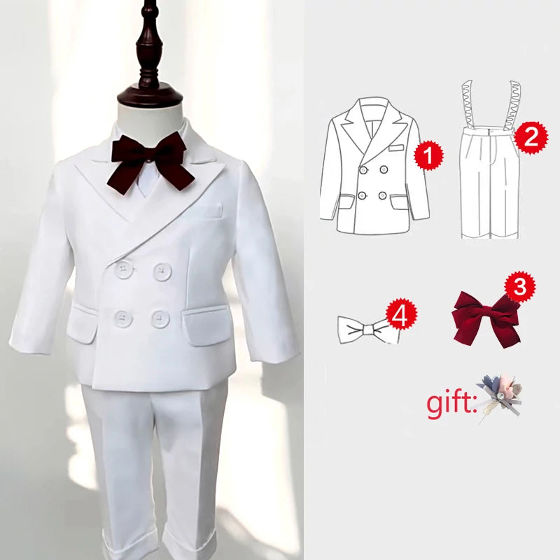 White Suit For Baby Boy 9 Month-4 Year Kids Boys Blazer Pants With Straps 3 PCS Clothes Set Baptism Wedding Elegant Party Dress