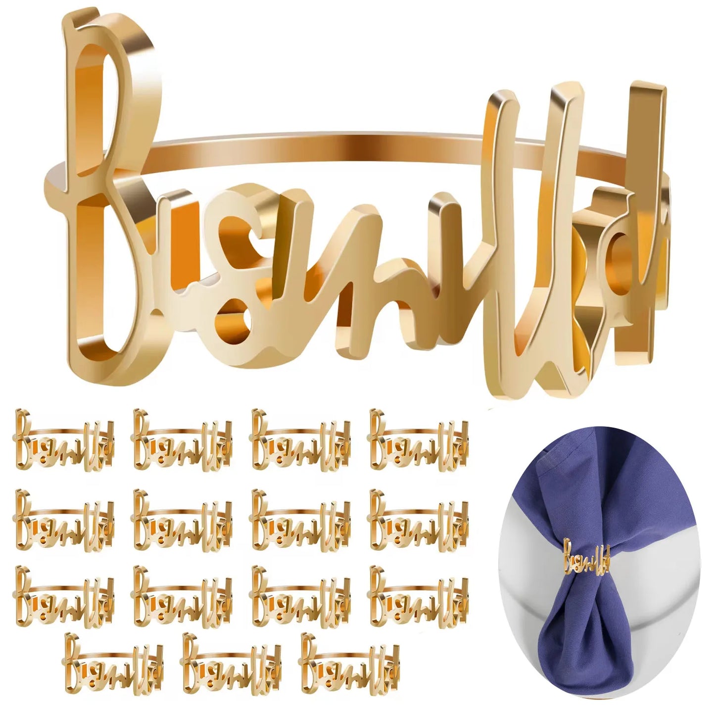 24pcs Bismillah Letter Metal Napkin Rings, Alphabet Napkin Buckles Holder Table Decoration for Wedding, Party, Ramadan, Banquet