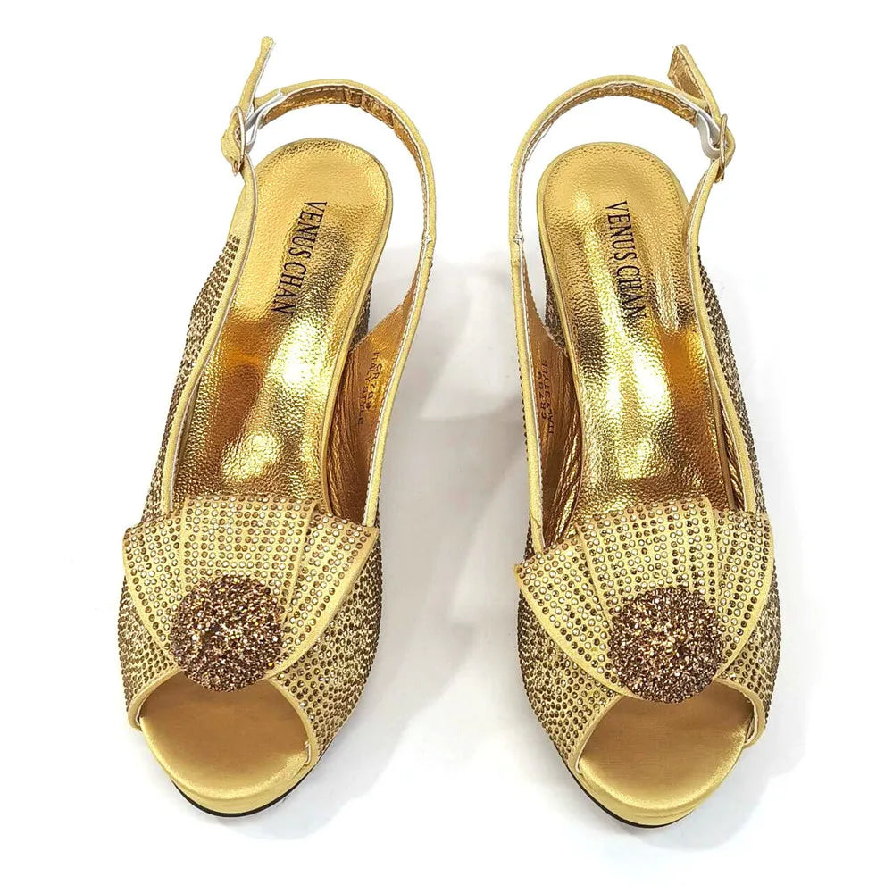 High Quality New Arrival Golden Color Peep Toe Women Sandals Shoes Matching Bag Set For Ladies Wedding Party Pump