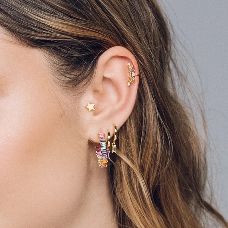 925 Sterling Silver Needle Colorful Crystal Stud Earrings for Women Luxury Long Chain Geometry Pendant Earrings Fashion Jewelry