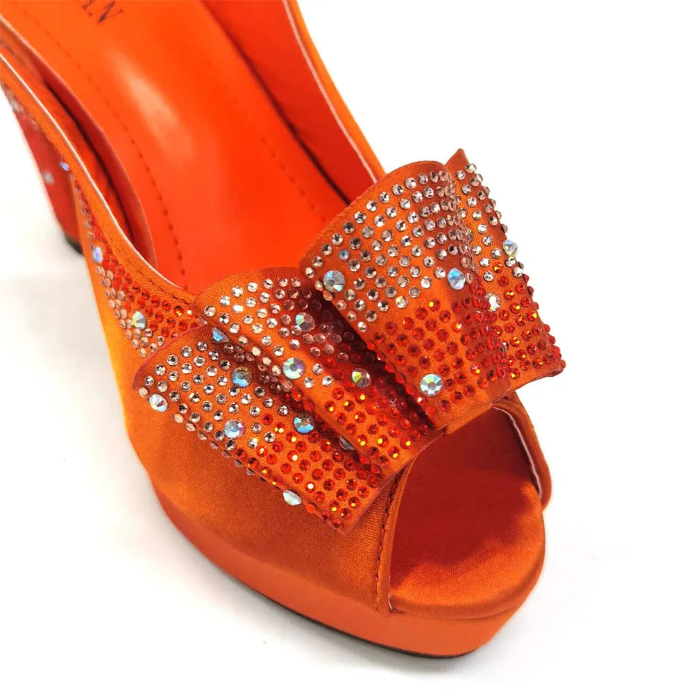 Big Sales Orange Color Peep Toe Comfortables Heels Slipper with Ctystal Bag For Nigerian Women Wedding Party Pump