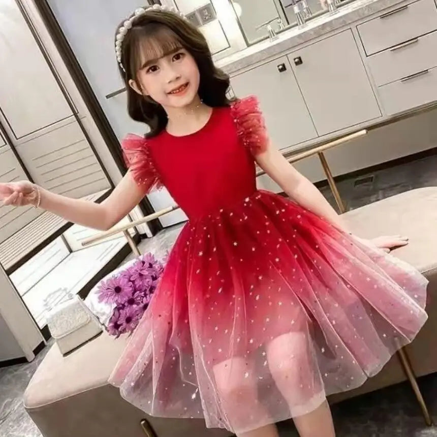 Girls Christmas New Year Red Dress Pearl necklace Accessories Children's Fashion Princess Dress Summer Sleeveless Gauze Dress
