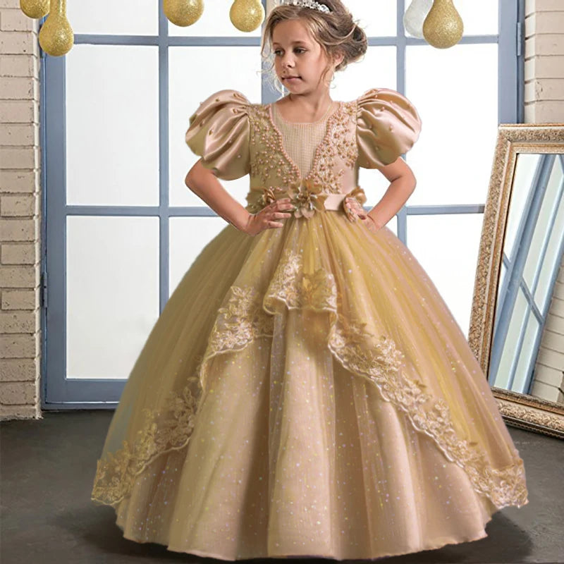 Elegant Girl's Birthday Party Dress for 4-12 Years Old Halloween Princess Dress New Bubble Sleeves Girl's Fluffy Dress
