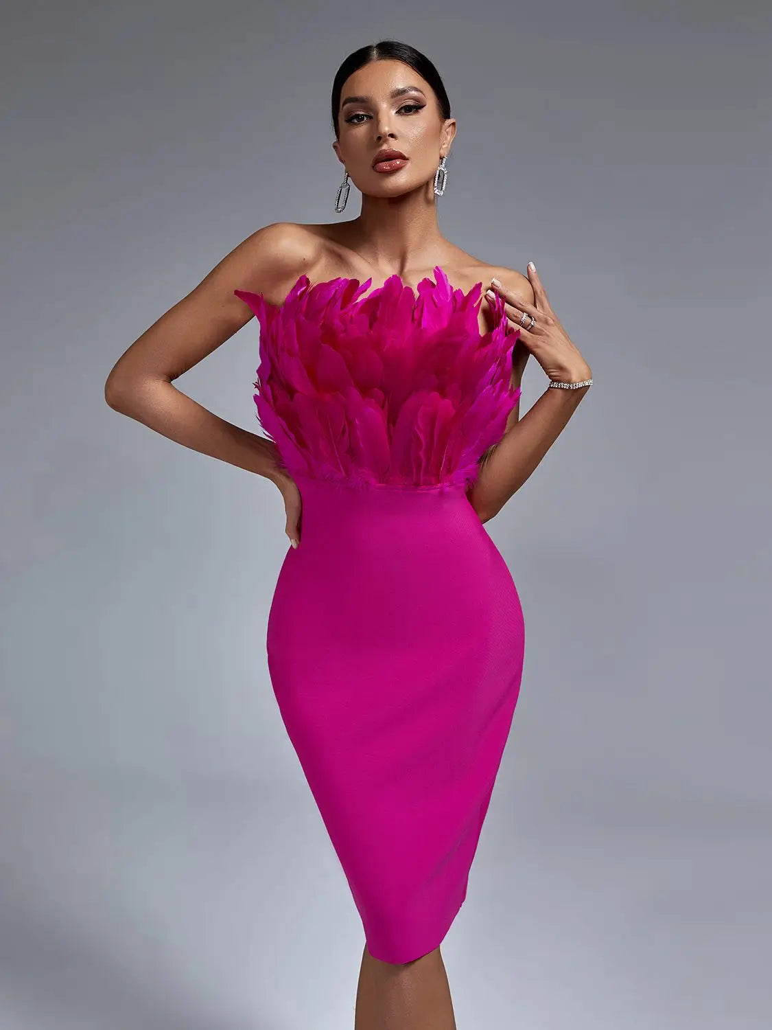 Pink Bandage Dress Women Feather Party Dress Bodycon Elegant Midi Sexy Strapless Evening Birthday Club Outfits Summer