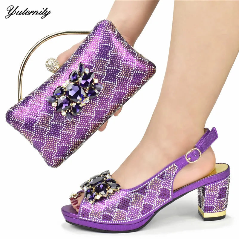 Fuchsia Color PU With Rhinestone Sandal Shoes And Purse Set Italian Design Pumps Shoes And Bag Set For Wedding 5Colors