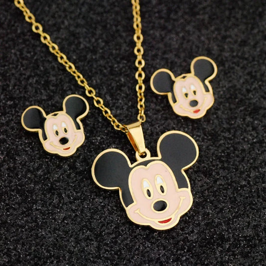 Disney Mickey Mouse Fashion Jewelry Set Anime Cartoon Necklace Earrings Stainless Steel Drop Oil Necklace Ear Studs Jewelry Gift