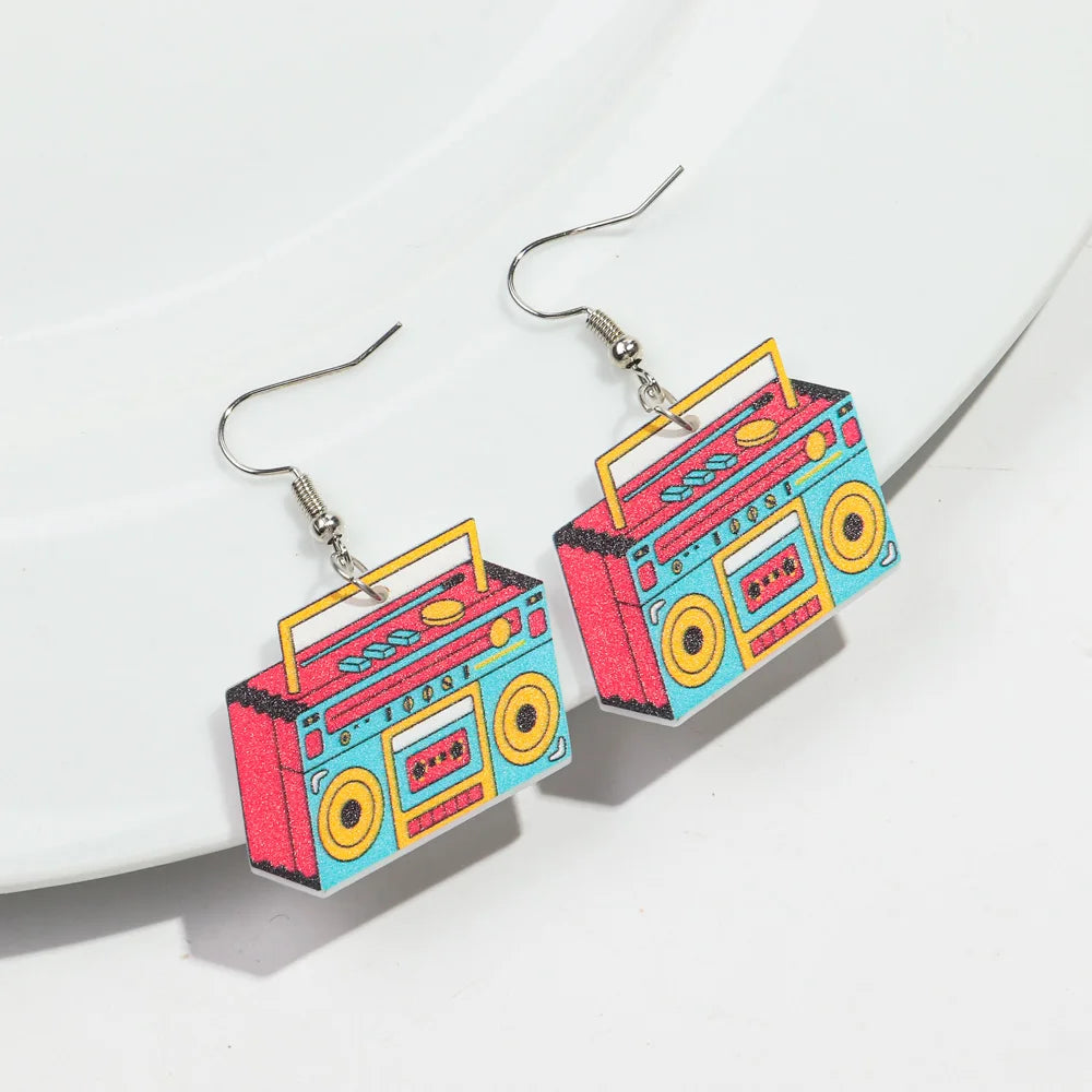 Cute Pink Phone Game Radio High Heels Ring Acrylic Print Earrings for Women Vintage Heart Bear Drop Earring Funny Jewelry