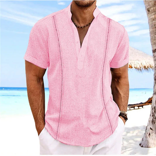new men's short sleeve Henri collar solid color Cuban Guayabera cotton shirt fashion trend beach men's top