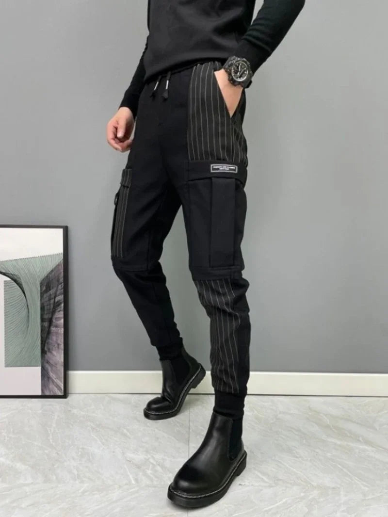 Black Men's Harem Cargo Pants Splicing Autumn Winter Stripe Male Pencil Trousers Spandex Casual Cotton Korean Style Y2k Vintage