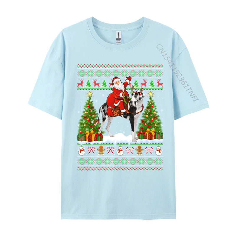 Xmas Sweater Ugly Santa Riding Great Dane Dog Christmas T Shirt Novelty Tees Classic Crew Neck T-Shirts Gift Idea Clothing