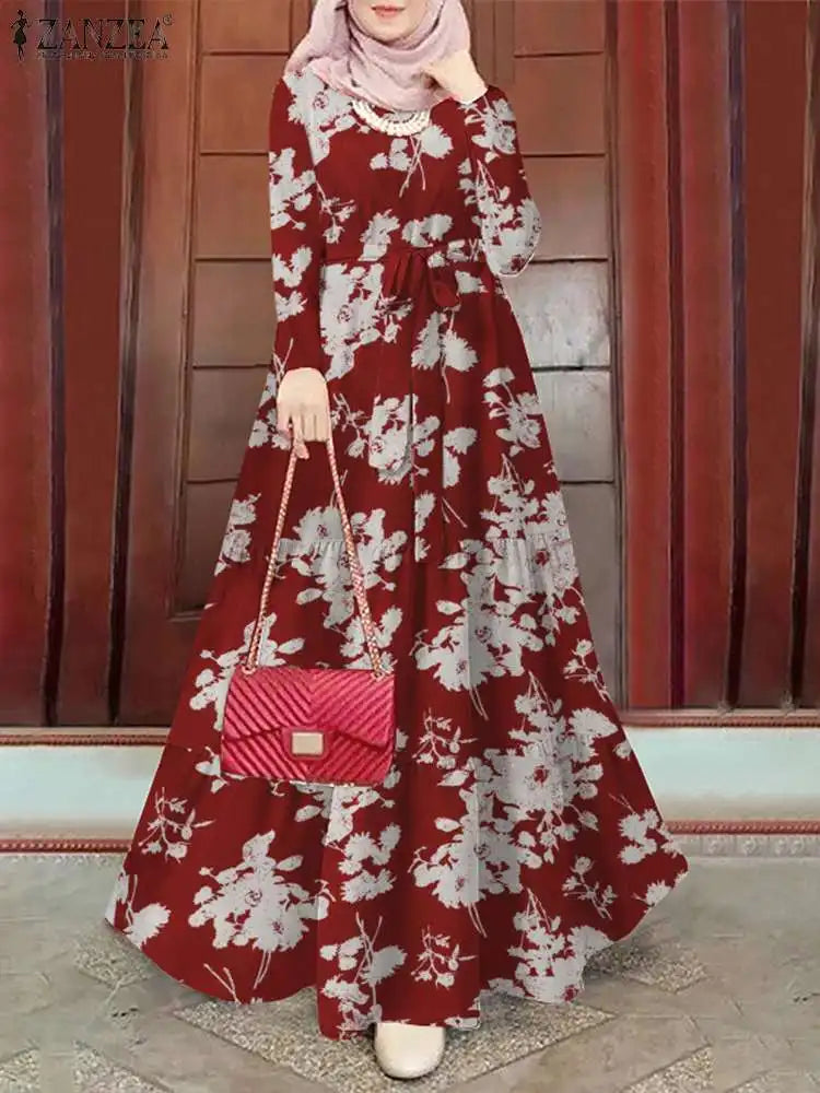 Floral Printed Muslim Dress Long Sleeve Ramadan Turkey Vestidos Vintage Holiday Maxi Robe Kaftan Islamic Abaya