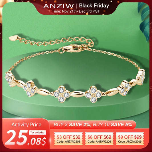 Anizw 2025 New Trendy 925 Silver 18k Gold Plated Flower Bracelet Moissanite 2mm D Color Chain Bracelet for Women Wedding Jewelry