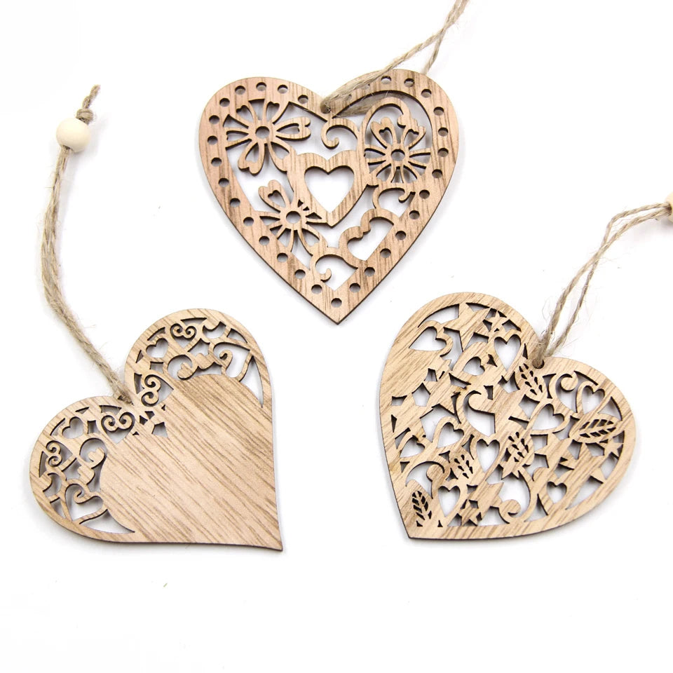 12PCS/Lot DIY Hollow Heart Wooden Pendants Ornaments Party Gifts Home Decor Wedding/Christmas Party Decorations Kids Gift