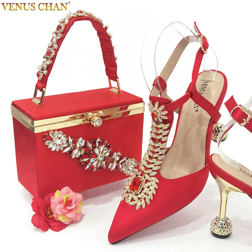 Venus Chan Italian Design Girly Style Pointed Toe Wedding Shoes And Bag, Full Diamond Decoration Metal Closure Bag