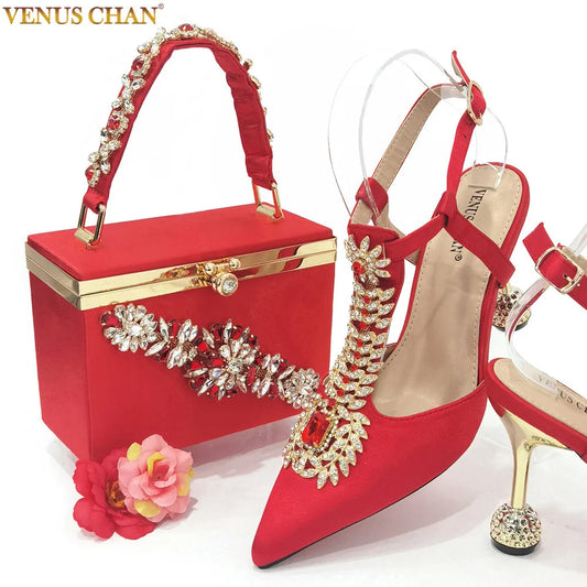 Venus Chan Italian Design Girly Style Pointed Toe Wedding Shoes And Bag, Full Diamond Decoration Metal Closure Bag