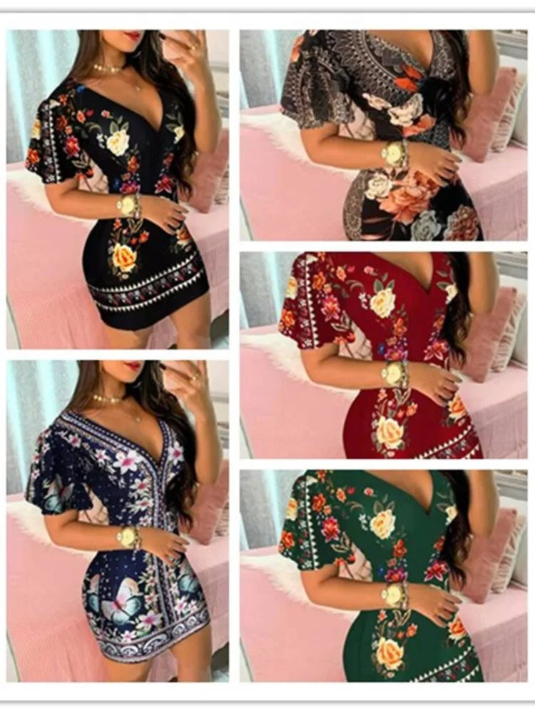 Summer Elegant Floral Print Bodycon Mini Dress Women Fashion Sexy Deep V-neck Package Hip Dresess Office Lady Party Dress