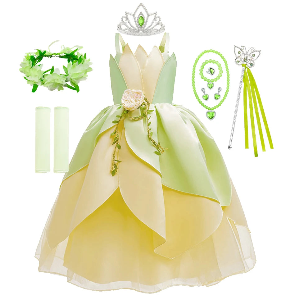 Fancy Girl Princess Tiana Costume Dress The Frog Cosplay Floral LED Light Up Clothing Halloween Girl Kids Christmas Party 2-11T