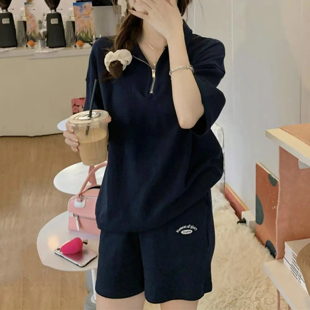 Embroidered Two-piece Suit Short Sleeve Zipper Sweatshirt Drawstring Waist Shorts Set Women Tracksuit Solid Color Top Shorts Set