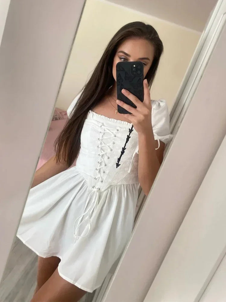 Suninheart Summer Blue Puff Sleeve Corset Dress Mini Elegant A Line Lace Up Holiday Party Dress Square Neck Women Dress