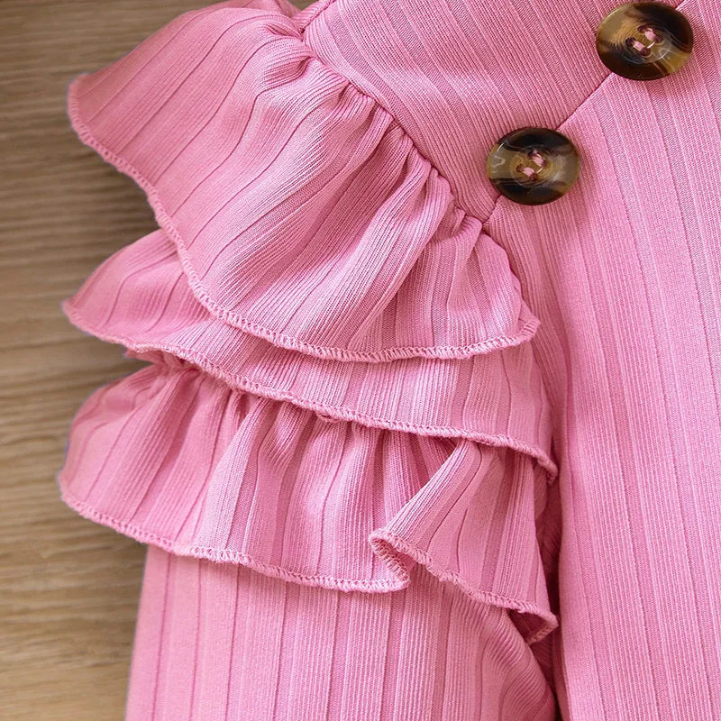 Two Piece Set Of Cute Button Decoration For Autumn And Winter Girls Fluffy Long Sleeved Round Neck Skirt Princess Party Dress