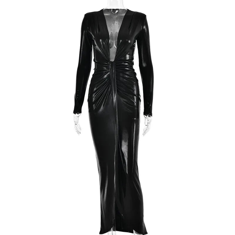 Metallic Gilding Maxi Party Dress Women Sexy V Neck Long Sleeve Ruched High Split Bodycon Clubwear Long Robe Evening Gown